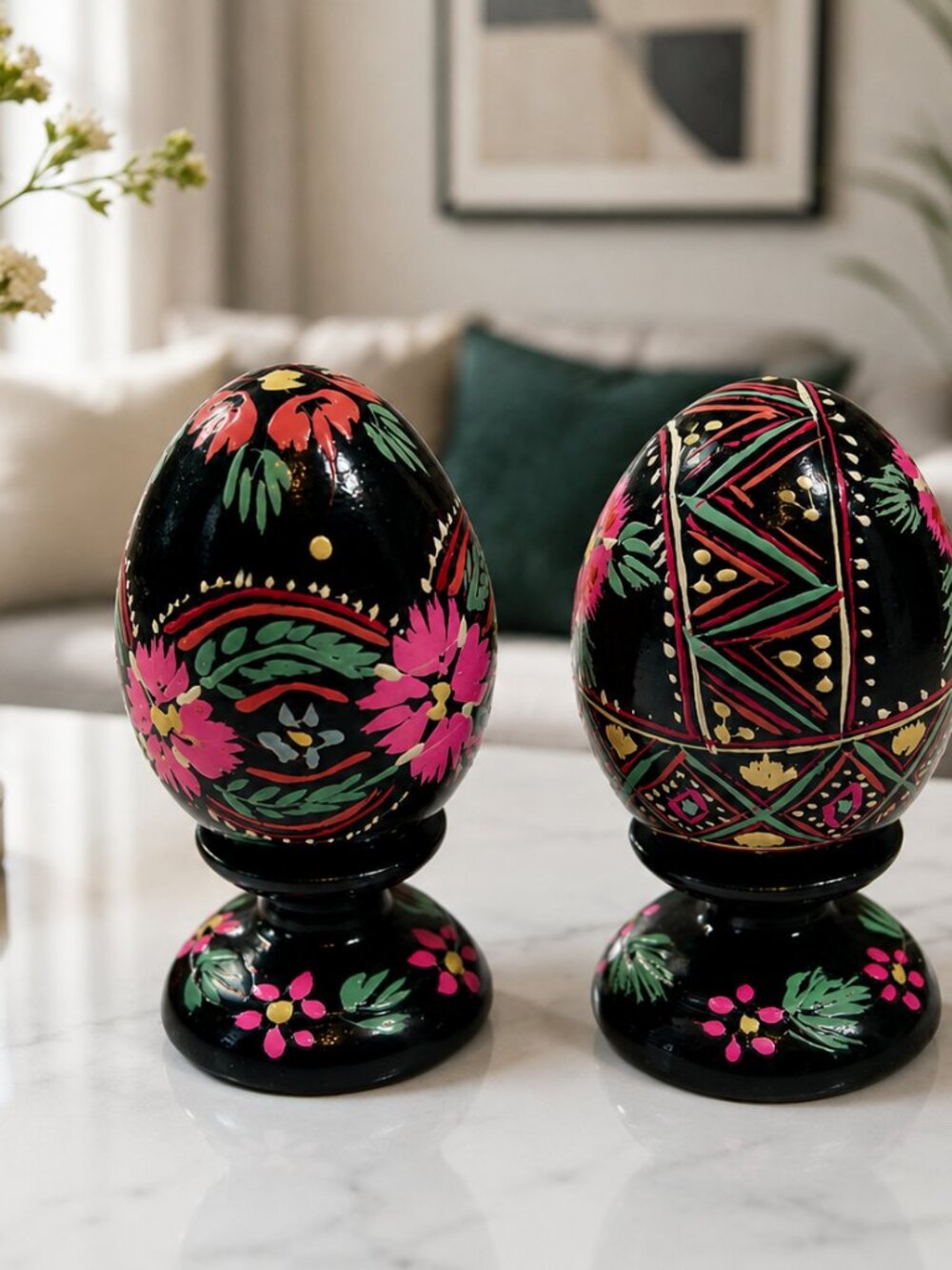 EE-05--Vintage Hand-Painted Wooden Easter Eggs Set of 2 Folk Art Floral - Picture 5 of 7